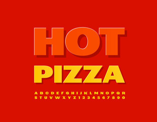 Vector marketing Banner Hot Pizza. Yellow sticker Font. Creative Alphabet Letters, Numbers and Symbols set