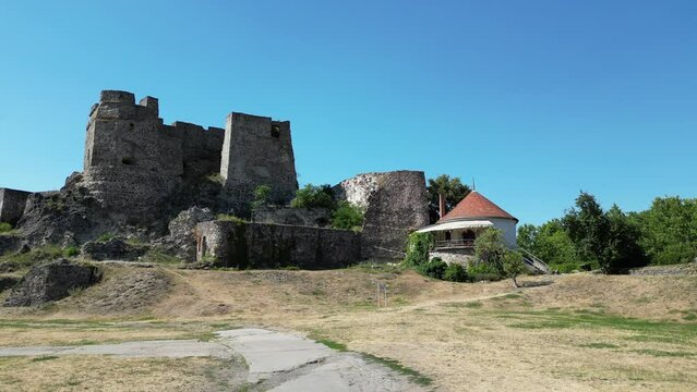 The Levicky hrad castle in Levice, Slovakia, drone revealing establishing shot