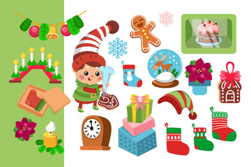 Cute elf and set of Christmas objects in cartoon style. Elements for design of posters, games, books, puzzles. Vector hand drawn illustration.