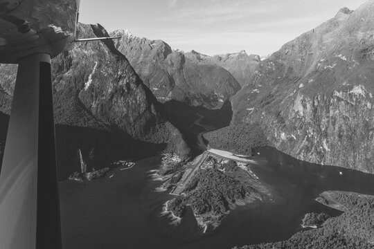 New Zealand. Milford Sound (Piopiotahi) from above - the head of the fiord, Cleddau River and Milford Sound Airport