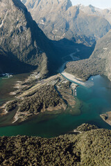 New Zealand. Milford Sound (Piopiotahi) from above - the head of the fiord, Cleddau River and...