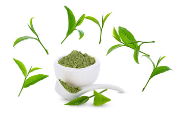 Tea leaves and tea powder on white background