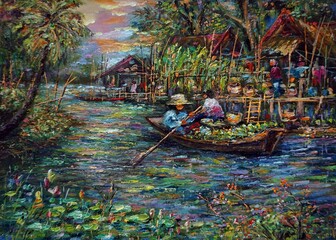 Fototapeta na wymiar Art painting Oil color Floating market Thai land , countryside , rural life , rural thailand