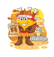 fried chicken cowboy with wanted paper. cartoon mascot vector