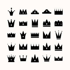 Vector crown icon set flat style isolated on white background for queen logotype, princess diadem symbol, doodle illustration, pop art element, beauty and fashion shopping concept.10 eps
