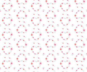 Romantic pink flowers on a white background. Vector illustration. Floral ornament for textile, fabric, wallpaper, surface design.