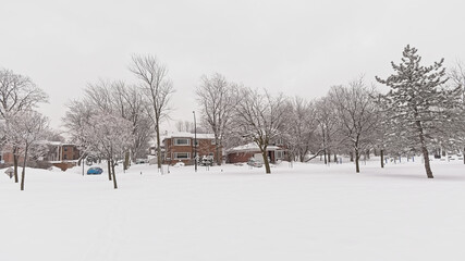 Suburbian houses in the snow along a park with bare trees in Montreal, Quebec, Canada 