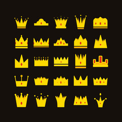 gold crown vector icon set for winner logo, champion symbol, leadership label, game element, hotel logotype, app. Symbol of royal king, queen and princess. 10 eps