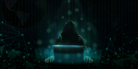 Hack programmers use notebooks to hack a company's data. cyber theft concept
