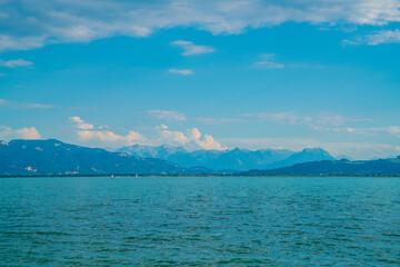 Germany, Beautiful bodensee panorama landscape view to snow covered mountain peaks of alps nature...