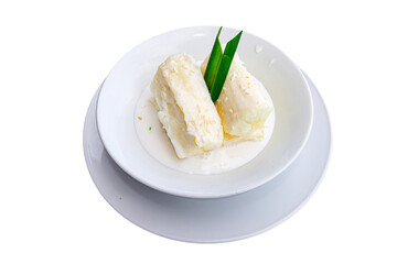 Traditional food steam thai cassava topping with coconut milk and sesame seed