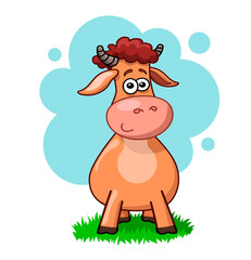 cartoon bull with a curly hairstyle stands on green grass