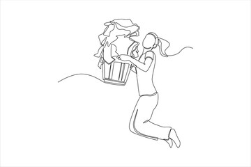 Continuous one line drawing happy young woman jumping and carrying heavy basket of clothes. Laundry service concept. Single line draw design vector graphic illustration.