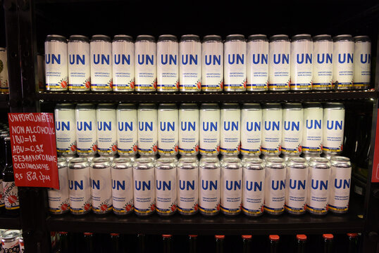 Lviv, Ukraine - July 1, 2022: A can of a locally brewed beer created by the Pravda beer bar and called, 'UN, Unfortunately, Non-Alcoholic', in the western Ukrainian city of Lviv.