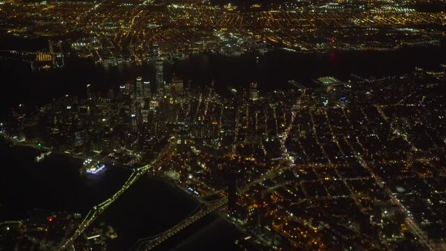 Downtown New York City Skyline From Airplane At Night