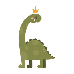 Cute smiling dinosaur with crown, cartoon style. Trendy modern vector illustration isolated on white background, hand drawn, flat
