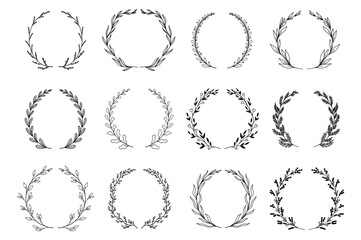 Ornamental branch wreathes set in hand drawn design. Laurel leaves wreath and decorative branch bundle. Collection of differen herbs, twigs, flowers and plants curl elements. Vector floral decoration