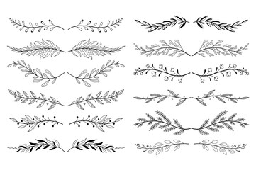 Floral ornament dividers set in hand drawn design. Herbs, twigs, flowers and plants. Bundle of botanical ornaments scrolls decoration and decorative branch. Vector illustration isolated collection
