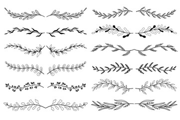 Floral ornament dividers set in hand drawn design. Leaves and twigs engraving elements. Bundle of botanical ornaments scrolls decoration and decorative branch. Vector illustration isolated collection