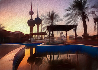 Kuwait 3 Tower in park with water reflection sunrise sunset