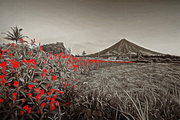 Black and White with red flower leading line in Mayon Volcano Legazpi City albay Philippines
