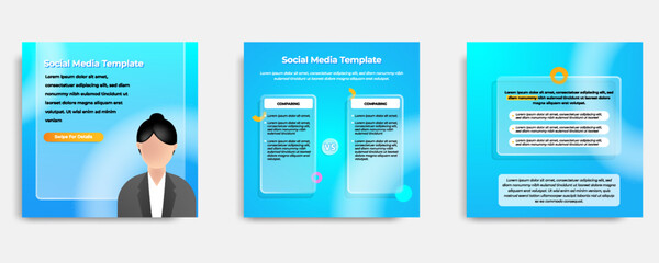 Social media informative post banner template layout design in blue background, glassmorphism style with transparent glass frame bubble message speech chat dialog