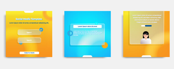 Social media informative post banner template layout design in blue, yellow, orange background, glassmorphism style with transparent glass frame bubble message
