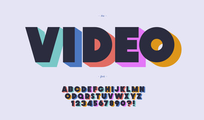 Video vector font 3d bold color style trendy typography for t shirt, motion graphics, party poster, kids banner, game, infographic, decoration, printing, animation, promotion, logotype. 10 eps