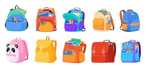 Set of school backpacks. Children briefcases for carrying school supplies. Vector illustration - obrazy, fototapety, plakaty