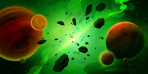 Cartoon green space background with glowing galaxy nebula and flying rocks and planets in dark starry sky. Birth of new star, explode in universe. Fantasy alien world, cosmos view, Vector illustration