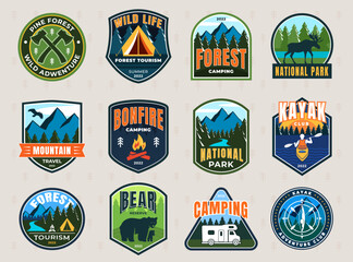 Patches for summer camp. Design for tourist traveling stickers banners. Vector illustration