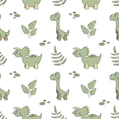 Childish dinosaurs seamless pattern for fashion clothes, fabric, t-shirts. Hand drawn vector illustration in light green colors.