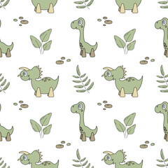 Childish dinosaurs seamless pattern for fashion clothes, fabric, t-shirts. Hand drawn vector illustration in light green colors.