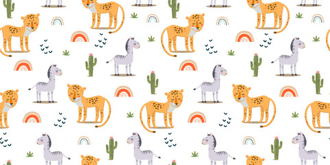 Seamless patterns with cute leopards and zebras.Pattern with animals of Africa. Children's jewelry and textiles.
