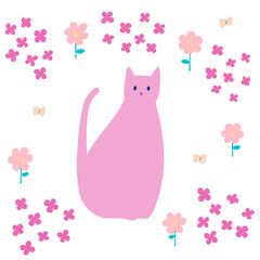 花畑にいるピンク色の猫
