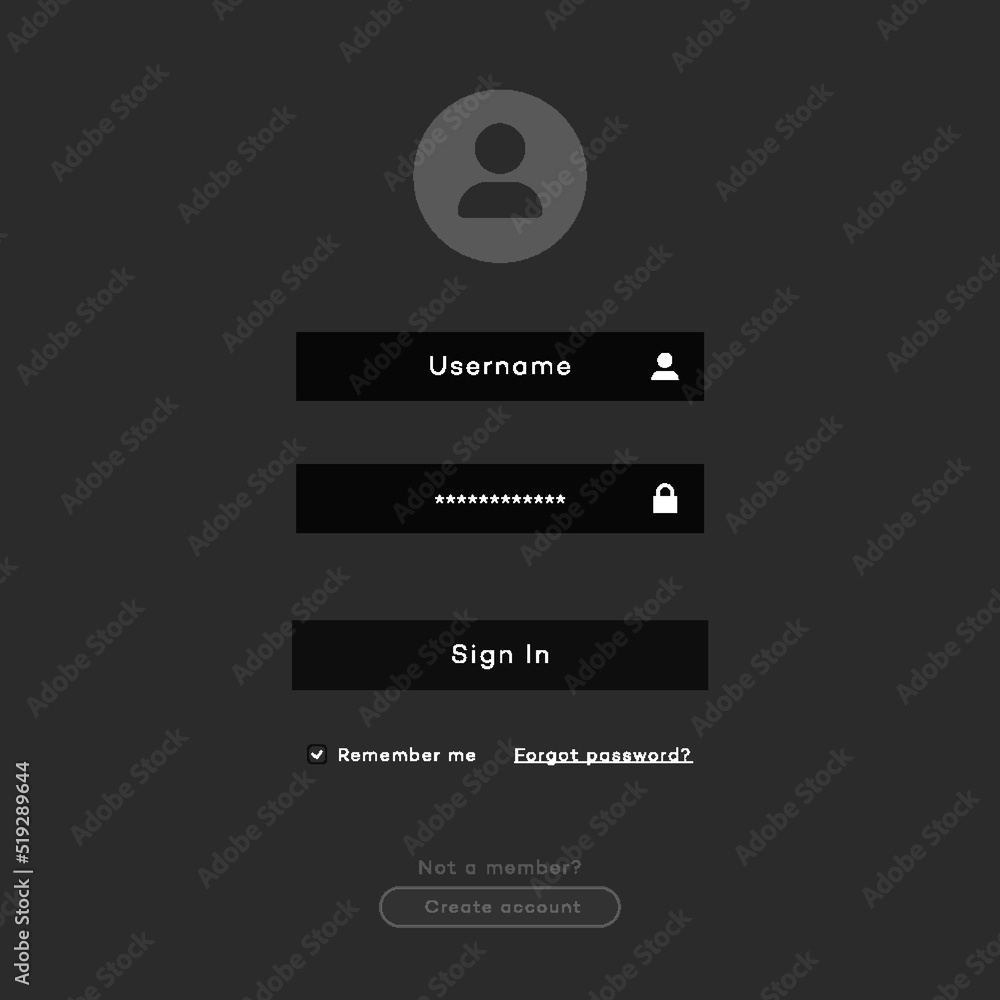 Wall mural login form page template dark theme flat style for app development, smartphone mockups, website ui e