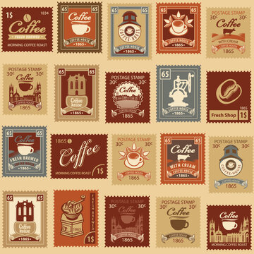 Seamless pattern on the theme of coffee and coffee house with old postage stamps. Suitable for wallpaper, wrapping paper, fabric, packaging. Repeating vector background in retro style