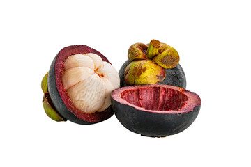 View of whole and half mangosteen isolated on white background with clipping path.