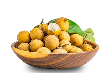 Pile of fresh longan fruit whole and a half peeled with green leaf in wooden bowl isolated on white background with clipping path.
