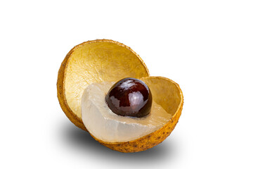 Peeled juicy fresh longan with translucent pulp, black seed and peel isolated on white background with clipping path.
