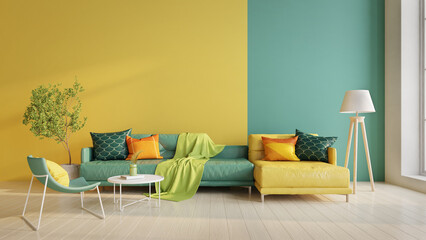 Living room in modern style with sofa,chair on yellow and green wall background.3d rendering