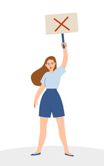 A young female activist holding a banner and defending rights and protesting. Girl participating in a meeting, march, strike or picket. Flat style vector illustration.