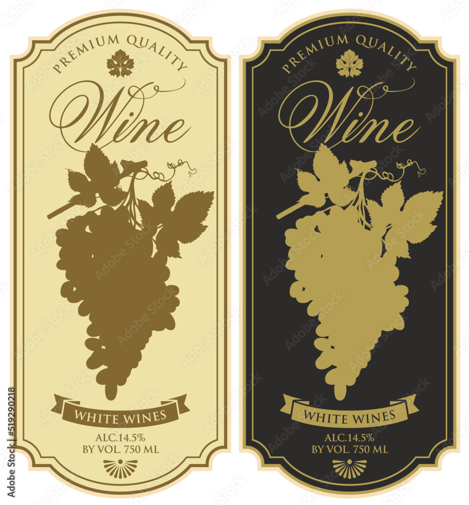Poster Set of wine labels with silhouettes of grape bunches and inscriptions on a beige and black backgrounds in a figured frames. Vector monochrome labels in retro style. Wine collection premium quality