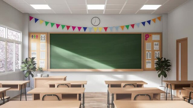 Animation of modern style classroom in the morning 3d render,The rooms have white walls and wooden floor, decorated with wooden tables and chairs, camera forward approach the blackboard