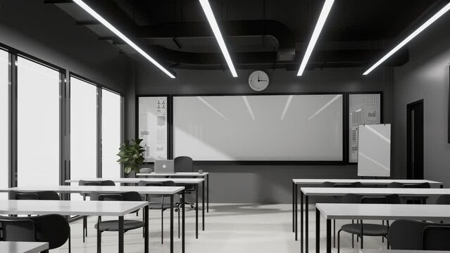 Animation of modern style minimal black and white classroom 3d render,The rooms have gray walls ,white floor, and black ceiling decorated with white tables and gray fabric chairs