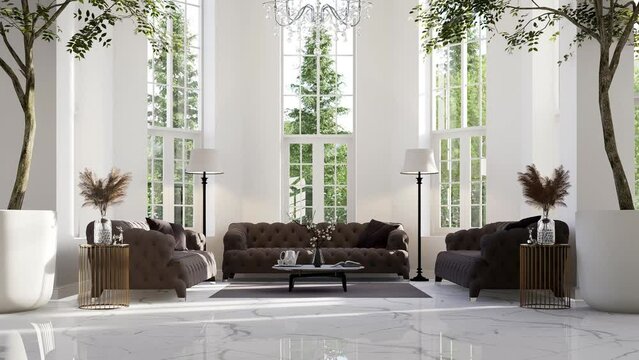 Animation of Modern classical style living room 3d render,The room has white marble floors. Decorated with elegant brown fabric sofas and large plant pots. camera forward approach the sofas