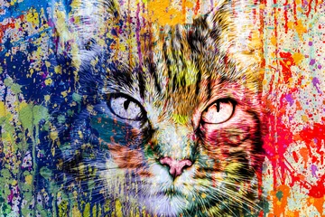 Foto auf Leinwand abstract colorful cat muzzle illustration, graphic design concept © reznik_val