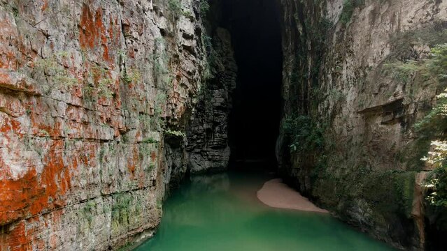 Arco del Tiempo, Chiapas, Mexico, Sone Arch, cave, River in Canyon, Drone Shot