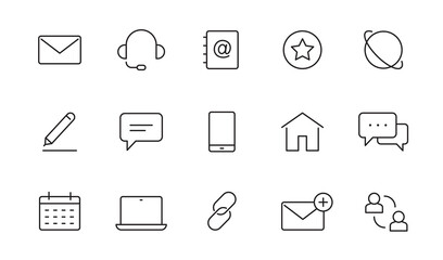 Contact, address line icon set. Mail, telephone adress, message symbol for website button. Editable stroke thin line design icon set. Vector illustration.