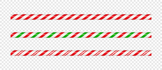 Christmas candy cane straight line border with red and green striped. Xmas seamless line with striped candy lollipop pattern. Christmas element. Vector illustration isolated on white background.